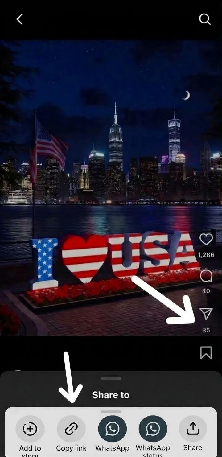 An Instagram post menu open with the Copy link option highlighted