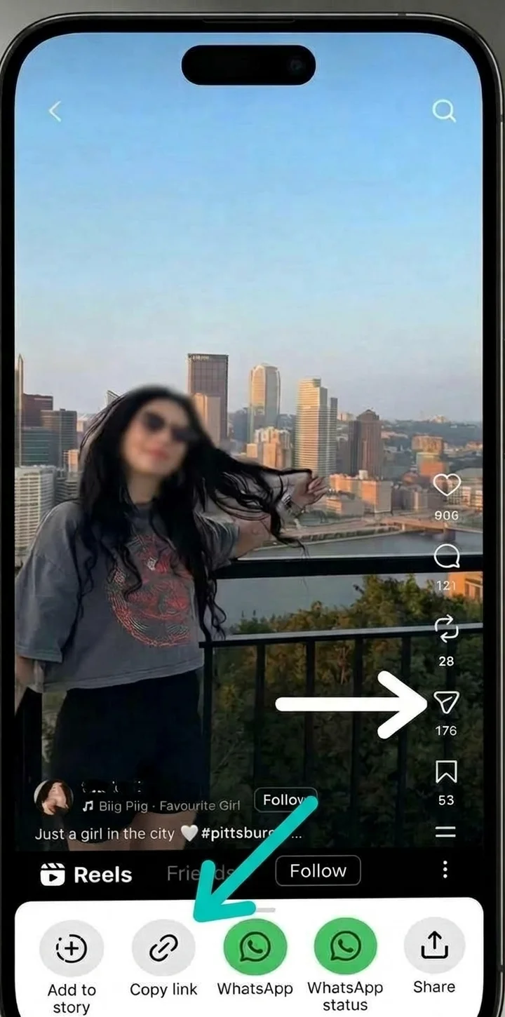 Instagram share menu open on a reel, with the Copy link button highlighted