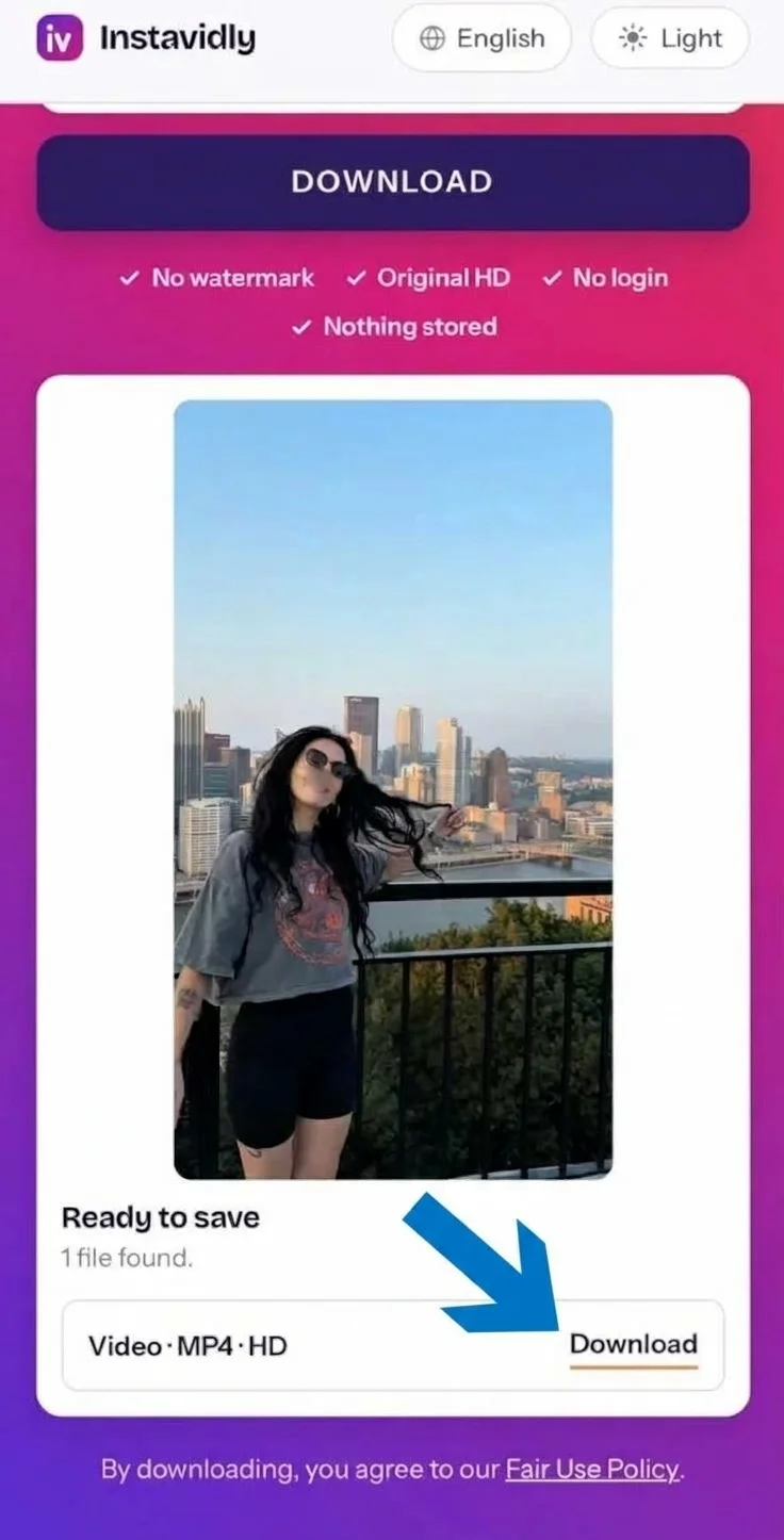 Instavidly showing a reel preview with a button to save the MP4 file