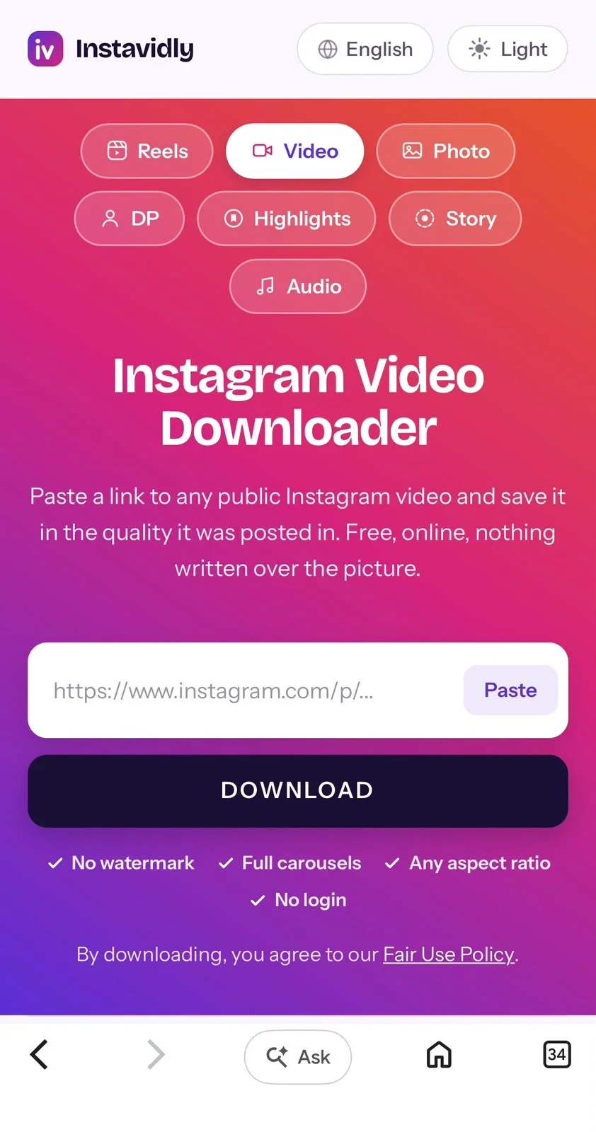 The Instavidly video downloader page with an Instagram post link pasted in and loading